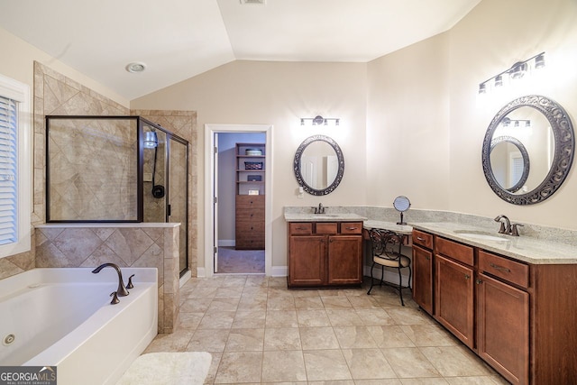 3623 Terrah Point Dr, Duluth, GA 30097 - full bath with vaulted ceiling, a stall shower, a bath, and vanity
