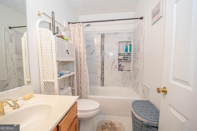 1346 Revelstoke Cv, Riverdale, GA 30296 - bathroom featuring toilet, vanity, shower / bath combo with shower curtain, and a textured ceiling