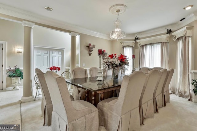 226 Long Island Dr, Whitesburg, GA 30185 - dining area with ornate columns, ornamental molding, and light tile patterned floors
