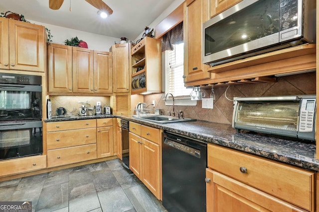 226 Long Island Dr, Whitesburg, GA 30185 - kitchen featuring black appliances, backsplash, stone finish flooring, a ceiling fan, and open shelves