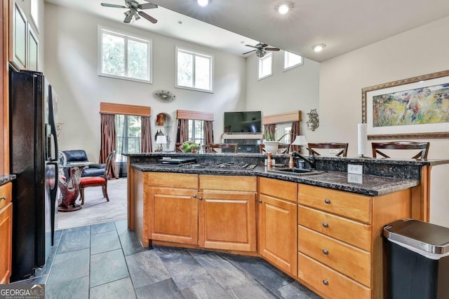 226 Long Island Dr, Whitesburg, GA 30185 - kitchen with a ceiling fan, black fridge with ice dispenser, stainless steel gas stovetop, open floor plan, and a towering ceiling