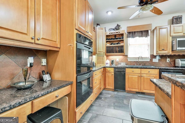 226 Long Island Dr, Whitesburg, GA 30185 - kitchen with stainless steel microwave, ceiling fan, and backsplash