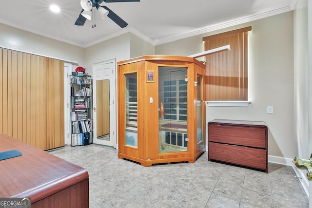 226 Long Island Dr, Whitesburg, GA 30185 - bedroom featuring ornamental molding, a ceiling fan, and access to outside
