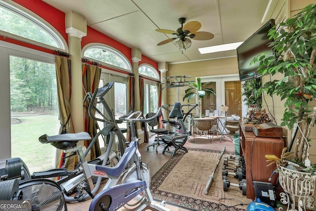 226 Long Island Dr, Whitesburg, GA 30185 - gym with ceiling fan, a skylight, and french doors