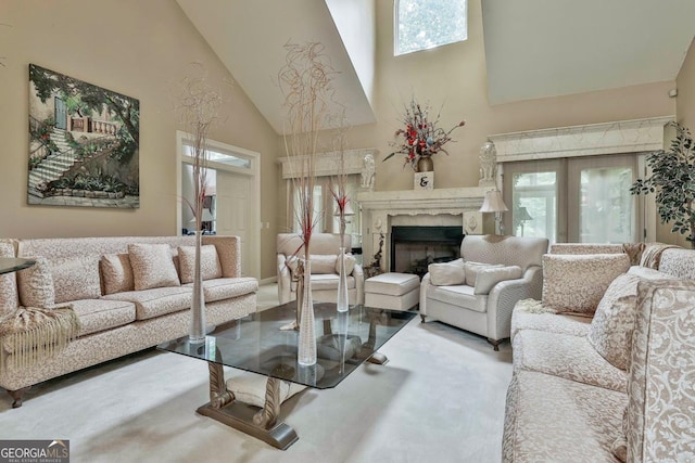 226 Long Island Dr, Whitesburg, GA 30185 - living room with high vaulted ceiling and a premium fireplace