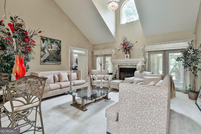 226 Long Island Dr, Whitesburg, GA 30185 - living room featuring high vaulted ceiling, a premium fireplace, and carpet flooring