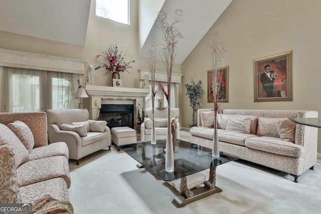 226 Long Island Dr, Whitesburg, GA 30185 - carpeted living area featuring high vaulted ceiling, healthy amount of natural light, and a high end fireplace