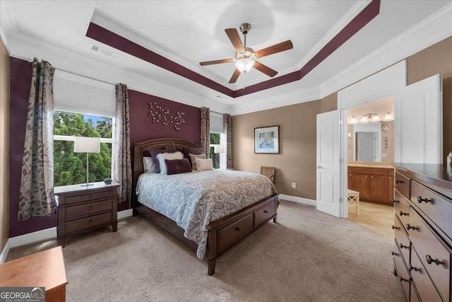3554 Black Cherry Pt SW, Gainesville, GA 30504 - bedroom featuring multiple windows, ornamental molding, light carpet, a raised ceiling, and baseboards