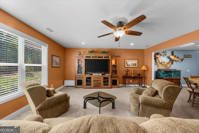 3554 Black Cherry Pt SW, Gainesville, GA 30504 - living room featuring light carpet, a ceiling fan, baseboards, and recessed lighting
