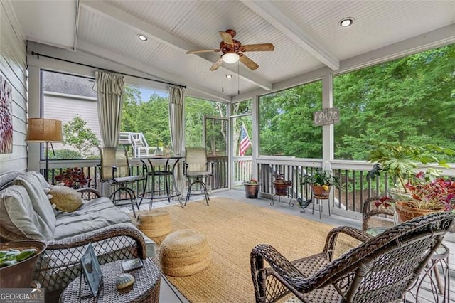 2073 Woodside Park Dr, Woodstock, GA 30188 - sunroom featuring a ceiling fan and beam ceiling