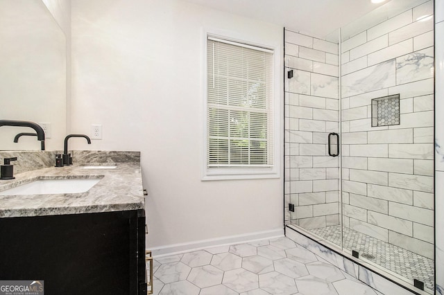 523 Mount Zion, Hapeville, GA 30354 - full bathroom featuring baseboards, double vanity, a shower stall, and tile patterned flooring