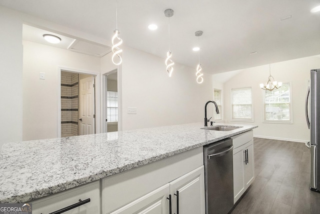 523 Mount Zion, Hapeville, GA 30354 - kitchen featuring a sink, appliances with stainless steel finishes, light stone countertops, white cabinets, and dark wood-style floors
