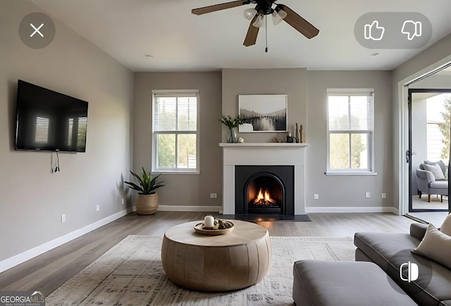 145 Silver Mine Trl, Austell, GA 30168 - living area with wood finished floors, a warm lit fireplace, ceiling fan, and baseboards