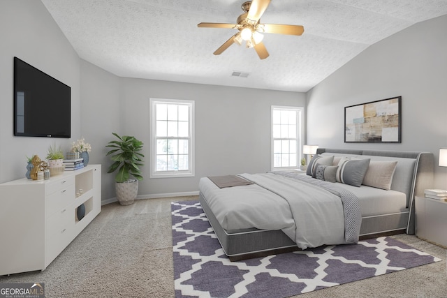 145 Silver Mine Trl, Austell, GA 30168 - bedroom featuring light colored carpet, a textured ceiling, lofted ceiling, a ceiling fan, and baseboards