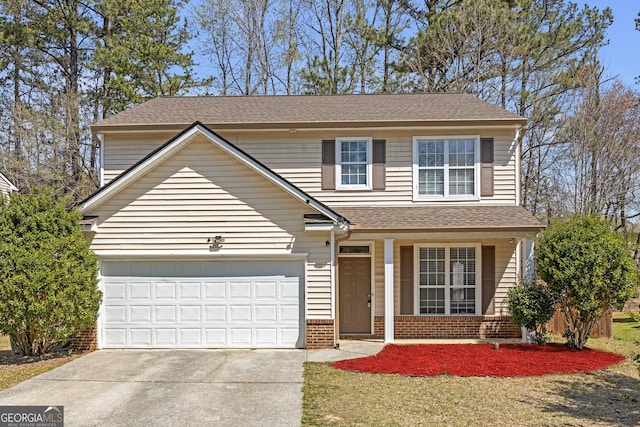 145 Silver Mine Trl, Austell, GA 30168 - traditional home featuring brick siding, driveway, a porch, a garage, and a shingled roof