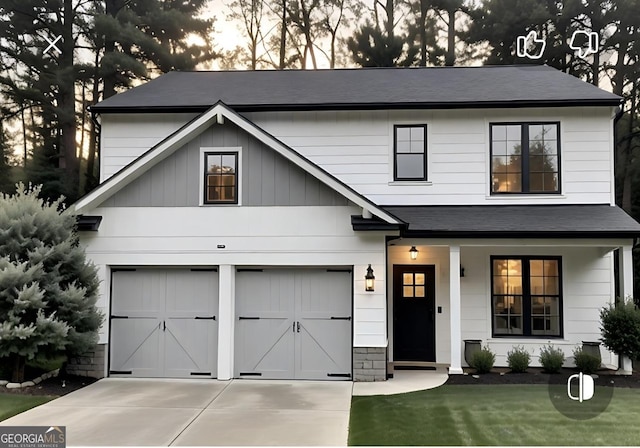 145 Silver Mine Trl, Austell, GA 30168 - modern farmhouse with a porch, concrete driveway, roof with shingles, and a garage