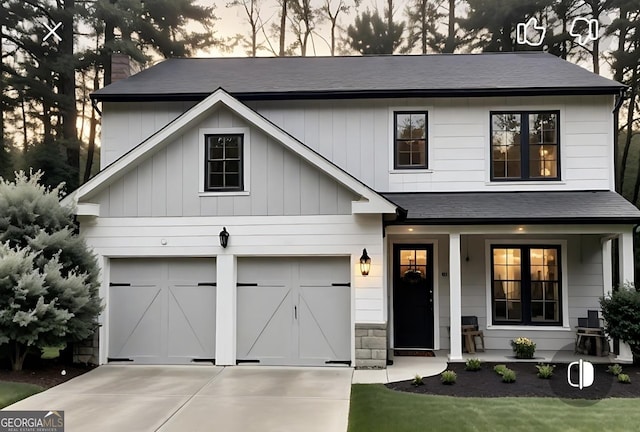 145 Silver Mine Trl, Austell, GA 30168 - modern inspired farmhouse with a porch, concrete driveway, a shingled roof, and an attached garage