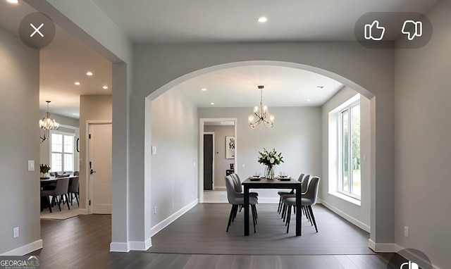 145 Silver Mine Trl, Austell, GA 30168 - dining area featuring dark wood-style floors, a chandelier, recessed lighting, and baseboards