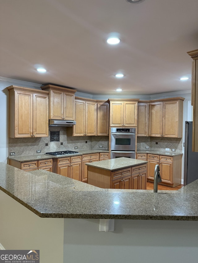 2360 Barrington Trace Cir SW, South Fulton, GA 30331 - kitchen with stainless steel appliances, crown molding, dark stone countertops, backsplash, and under cabinet range hood