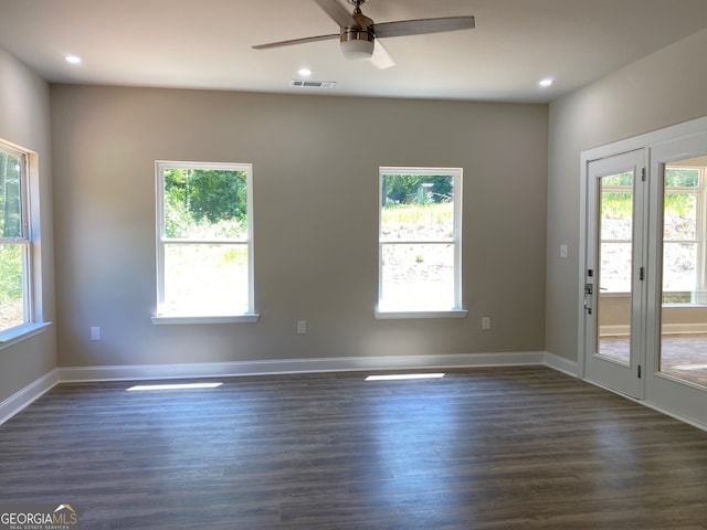 5950 Lynfield Dr, South Fulton, GA 30349 - empty room featuring dark wood-style flooring, a ceiling fan, recessed lighting, and baseboards