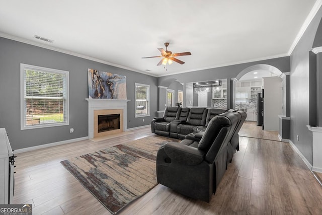 143 Monarch Way, Hiram, GA 30141 - living room with a ceiling fan, decorative columns, healthy amount of natural light, arched walkways, and crown molding