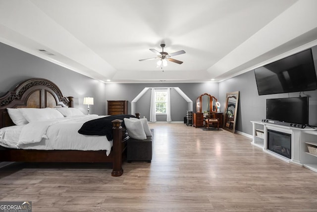 143 Monarch Way, Hiram, GA 30141 - bedroom with a raised ceiling, wood finished floors, a glass covered fireplace, baseboards, and ceiling fan