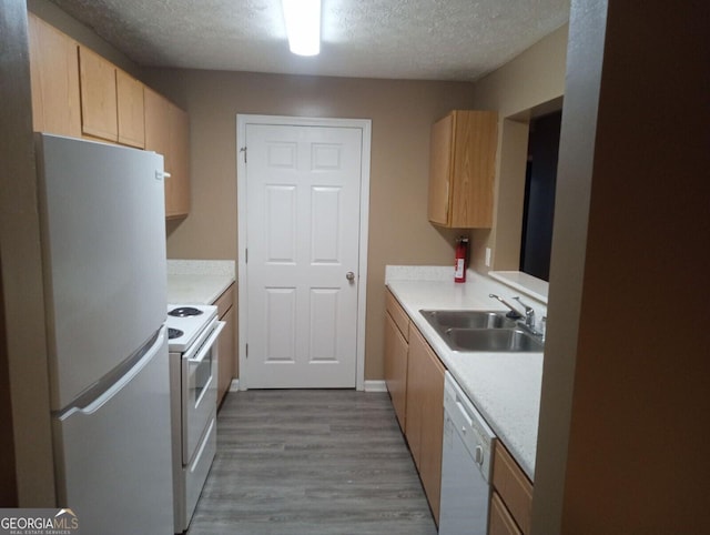 8202 Fairington Village Dr, Lithonia, GA 30038 - kitchen featuring white appliances, a sink, light brown cabinets, light wood-type flooring, and light countertops
