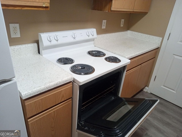 8202 Fairington Village Dr, Lithonia, GA 30038 - kitchen with white appliances, light countertops, and dark wood finished floors