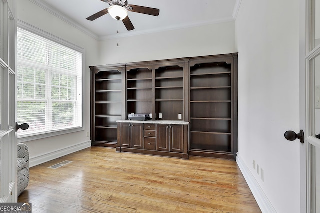 210 Short Rd, Sharpsburg, GA 30277 - unfurnished office featuring a ceiling fan, crown molding, light wood finished floors, and baseboards