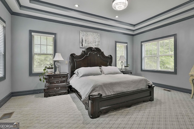 210 Short Rd, Sharpsburg, GA 30277 - carpeted bedroom featuring baseboards, crown molding, a tray ceiling, and recessed lighting
