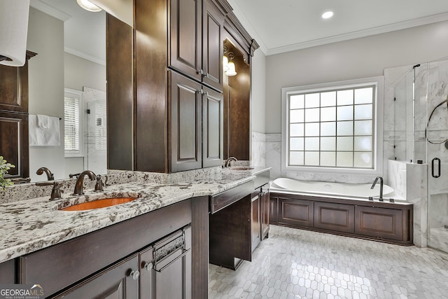 210 Short Rd, Sharpsburg, GA 30277 - bathroom featuring a stall shower, a garden tub, ornamental molding, double vanity, and plenty of natural light