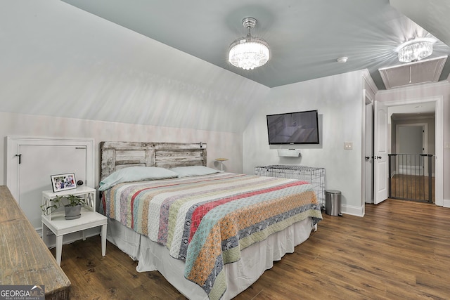 210 Short Rd, Sharpsburg, GA 30277 - bedroom with attic access, wood finished floors, baseboards, a chandelier, and lofted ceiling