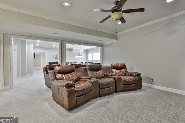 210 Short Rd, Sharpsburg, GA 30277 - cinema with carpet floors, crown molding, recessed lighting, ceiling fan, and baseboards
