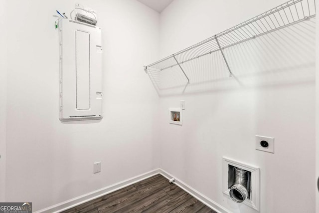 1172 Edwin Ln, Sugar Hill, GA 30518 - laundry area featuring washer hookup, electric panel, dark wood finished floors, and hookup for an electric dryer