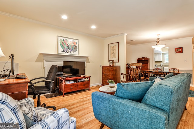 1750 Clairmont Rd Unit 35, Decatur, GA 30033 - living room with crown molding, light wood-style floors, baseboards, and recessed lighting