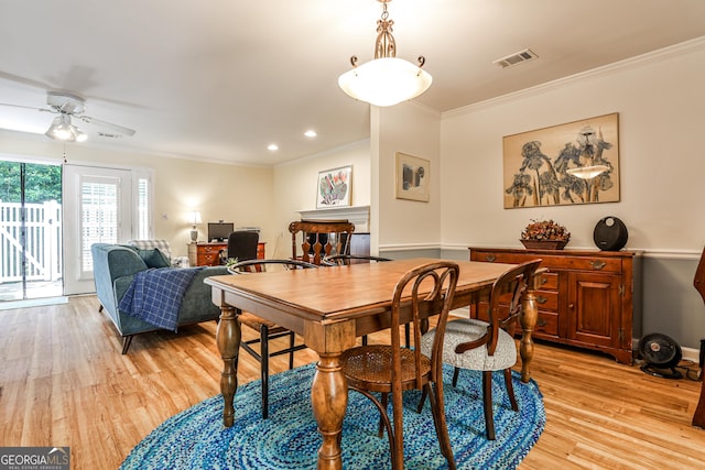 1750 Clairmont Rd Unit 35, Decatur, GA 30033 - dining room with ornamental molding, light wood-type flooring, ceiling fan, and recessed lighting