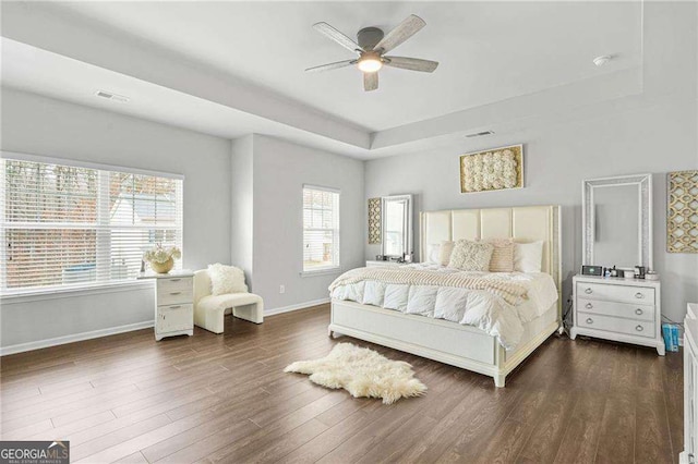 200 Cherokee Reserve Cir, Canton, GA 30115 - bedroom with baseboards, a tray ceiling, dark wood-style flooring, and a ceiling fan