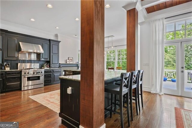 4356 N Buckhead Dr NE, Atlanta, GA 30342 - kitchen with high end stove, extractor fan, french doors, decorative backsplash, and ornamental molding