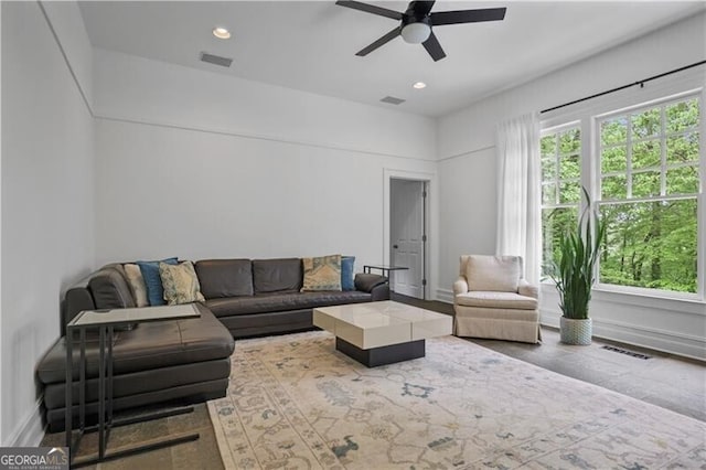 4356 N Buckhead Dr NE, Atlanta, GA 30342 - living room featuring ceiling fan, recessed lighting, and wood finished floors