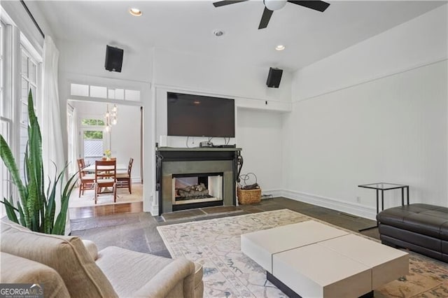 4356 N Buckhead Dr NE, Atlanta, GA 30342 - living room featuring ceiling fan, recessed lighting, a fireplace, and a chandelier