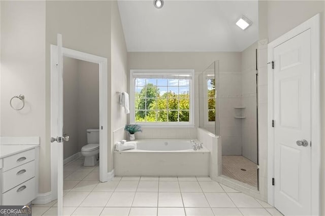3600 Goldenrod Dr, Alpharetta, GA 30005 - bathroom with a bath, lofted ceiling, toilet, tile patterned flooring, and vanity