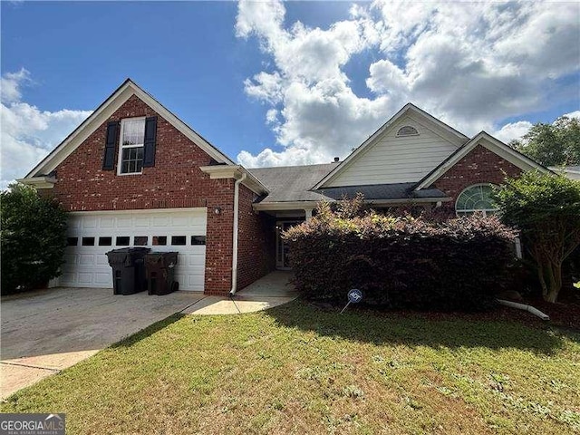 124 Sparkling Spring Trl, Mcdonough, GA 30252 - view of front of house with concrete driveway, brick siding, a front lawn, and a garage