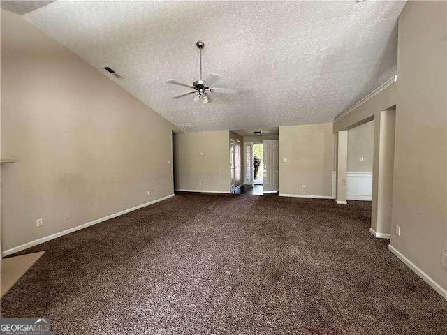 124 Sparkling Spring Trl, Mcdonough, GA 30252 - spare room featuring a textured ceiling, ceiling fan, carpet, baseboards, and lofted ceiling