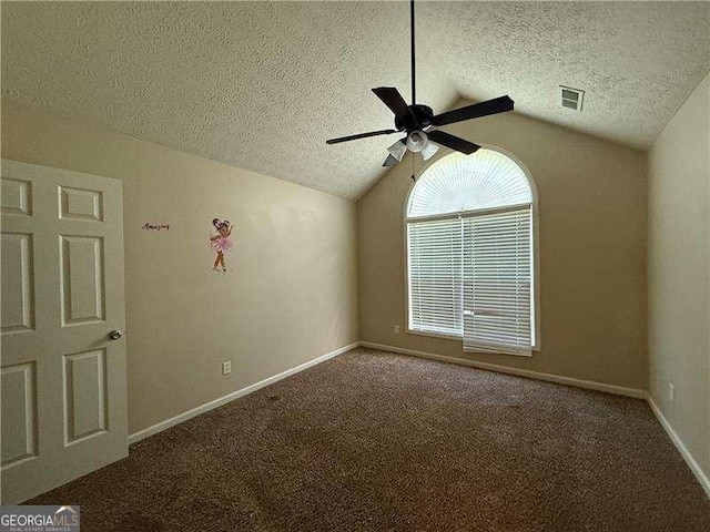124 Sparkling Spring Trl, Mcdonough, GA 30252 - unfurnished room with a textured ceiling, ceiling fan, vaulted ceiling, carpet flooring, and baseboards