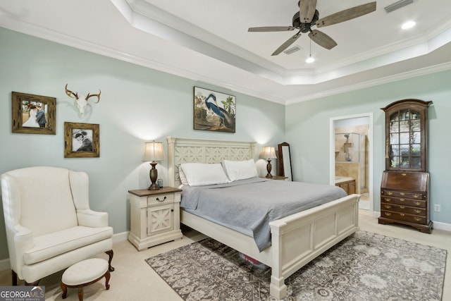 247 Laurel Landing Blvd, Kingsland, GA 31548 - bedroom featuring crown molding, a tray ceiling, light carpet, ensuite bath, and baseboards