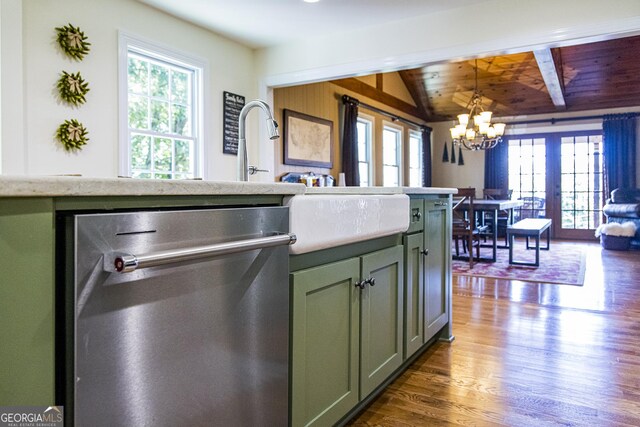 11 Brow Rd SW, Rome, GA 30165 - kitchen with stainless steel dishwasher, green cabinetry, a chandelier, dark wood-type flooring, and lofted ceiling