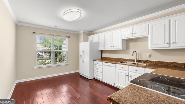 20 Walton Creek Dr SW, Rome, GA 30165 - kitchen with white appliances, a sink, dark countertops, baseboards, and crown molding