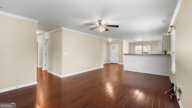 20 Walton Creek Dr SW, Rome, GA 30165 - unfurnished living room featuring a ceiling fan, crown molding, dark wood-style flooring, and baseboards