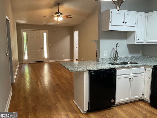 233 Winterville, Rockmart, GA 30153 - kitchen featuring dishwasher, a ceiling fan, white cabinets, light stone counters, and light wood-style flooring
