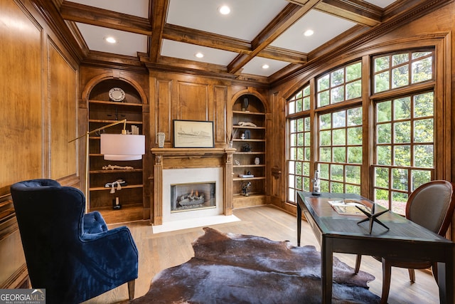 314 Caruso Ct, Sandy Springs, GA 30350 - office space with built in shelves, coffered ceiling, ornamental molding, a fireplace with flush hearth, and beam ceiling